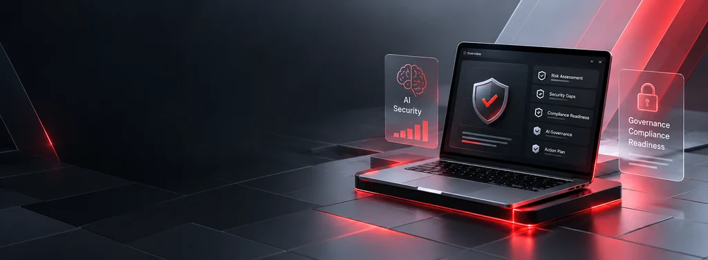 A laptop showing an AI security overview with risk assessment, security gaps, compliance readiness, AI governance and action plan panels