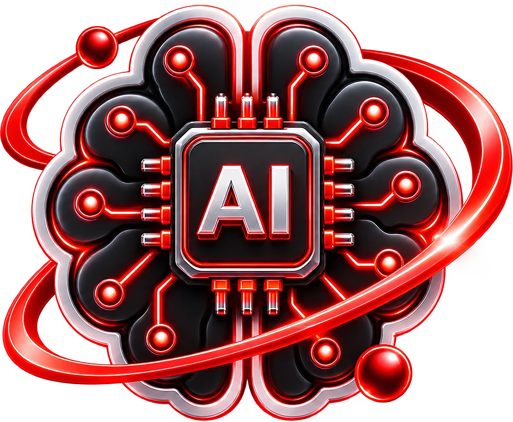 AI illustration: a circuit-board brain around an AI chip