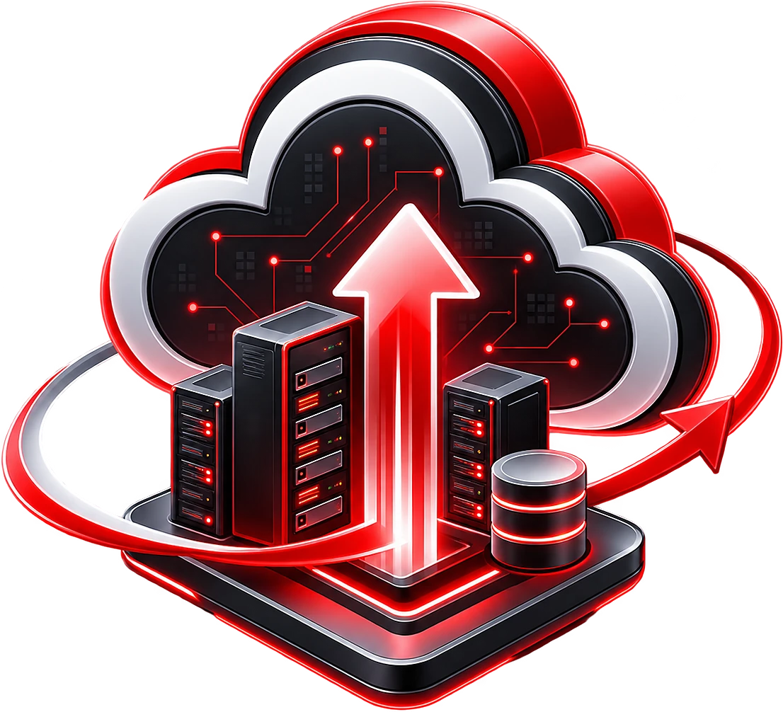 Cloud migration illustration: servers and data moving up into a secure cloud