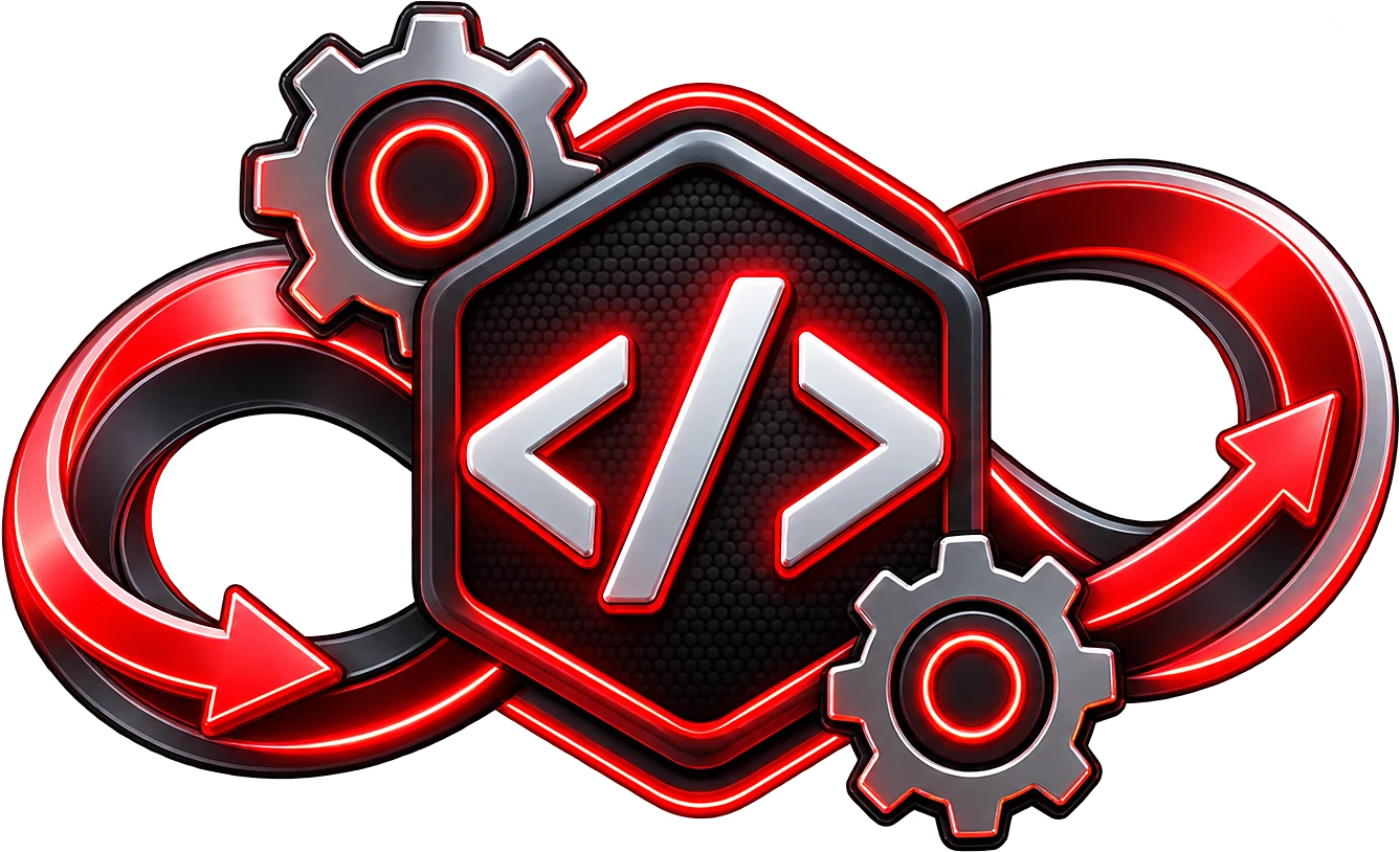 DevOps illustration: code brackets inside an infinity loop with gears