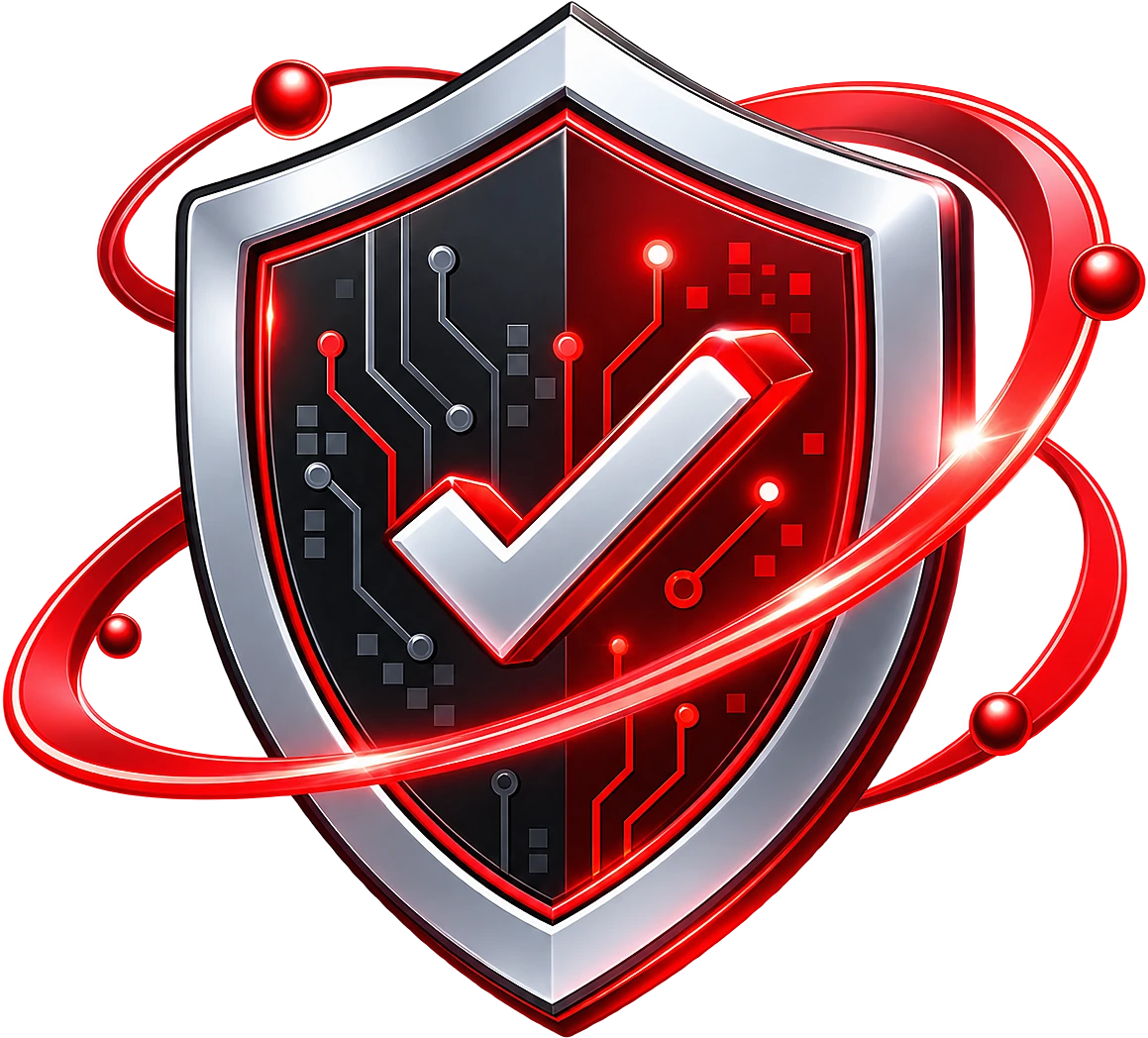 Security illustration: a shield with a check mark and circuit traces