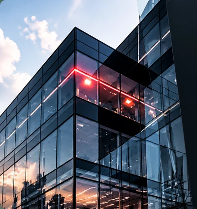 Glass enterprise office building at dusk with red-lit floors