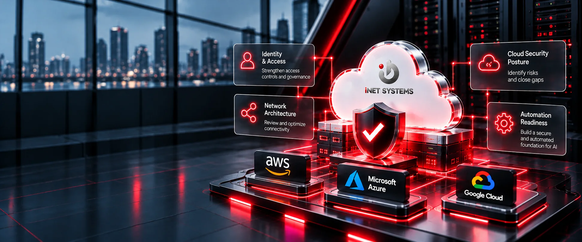 Cloud security assessment illustration: an iNET SYSTEMS cloud and shield over AWS, Microsoft Azure and Google Cloud, with panels for identity and access, network architecture, cloud security posture and automation readiness