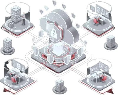Cloud security illustration: a locked cloud protecting connected workloads