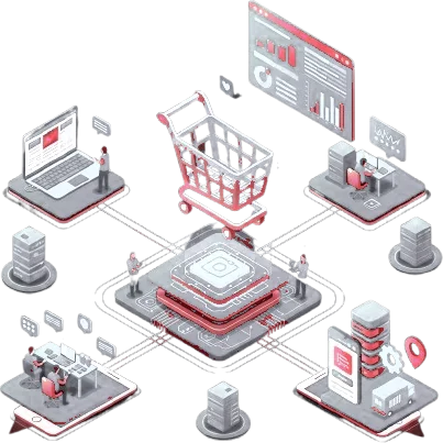 E-commerce illustration: storefront, cart and order systems