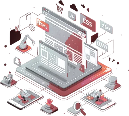 Web development illustration: responsive site, code and SEO